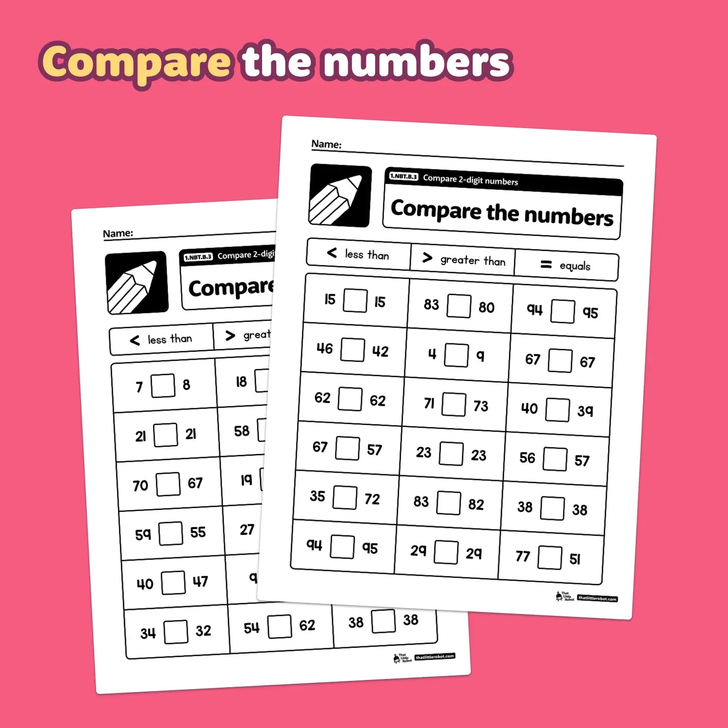 Worksheets titled "Compare 2-Digit Numbers" with comparison exercises.