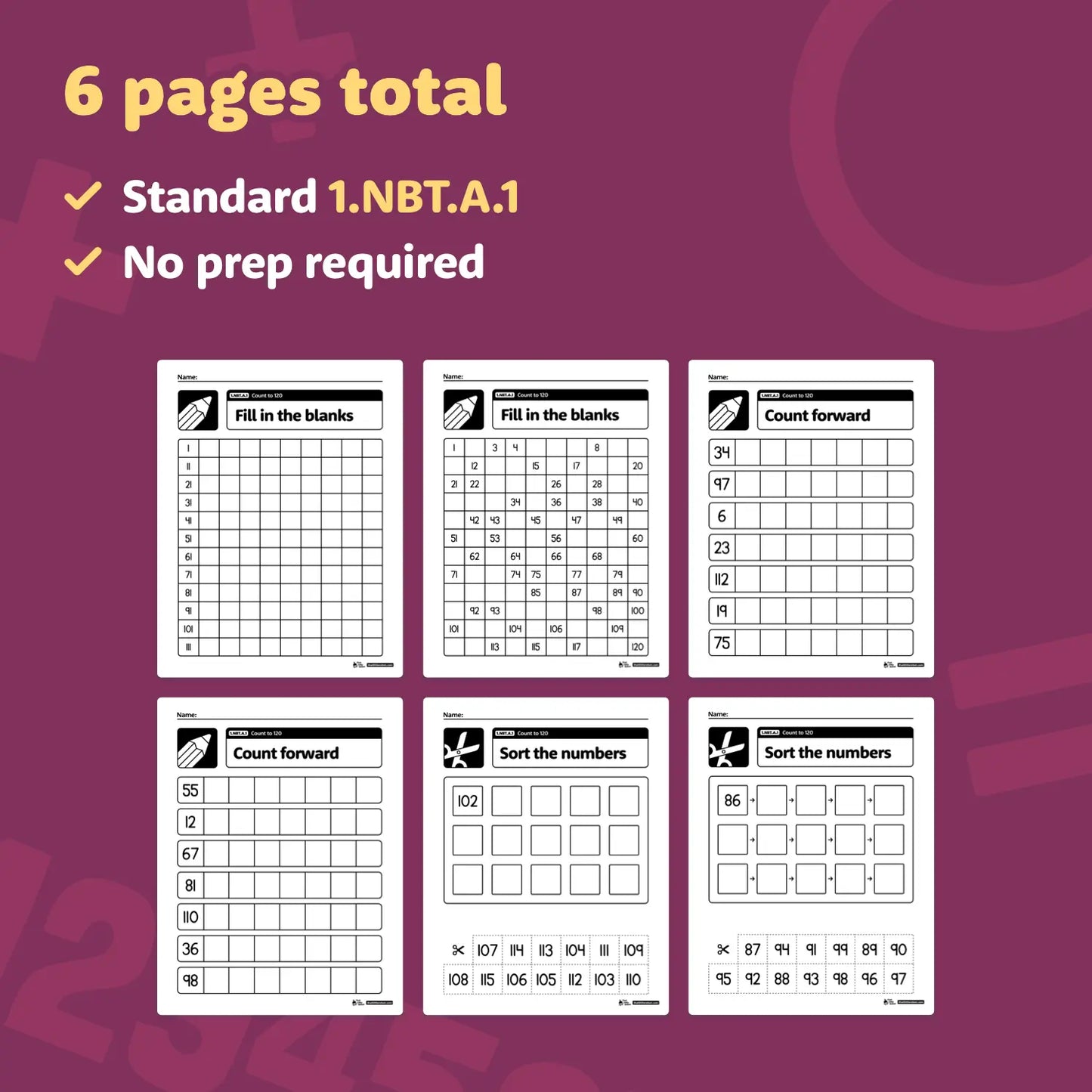 Worksheets with fill-in-the-blanks, counting, and sorting activities.