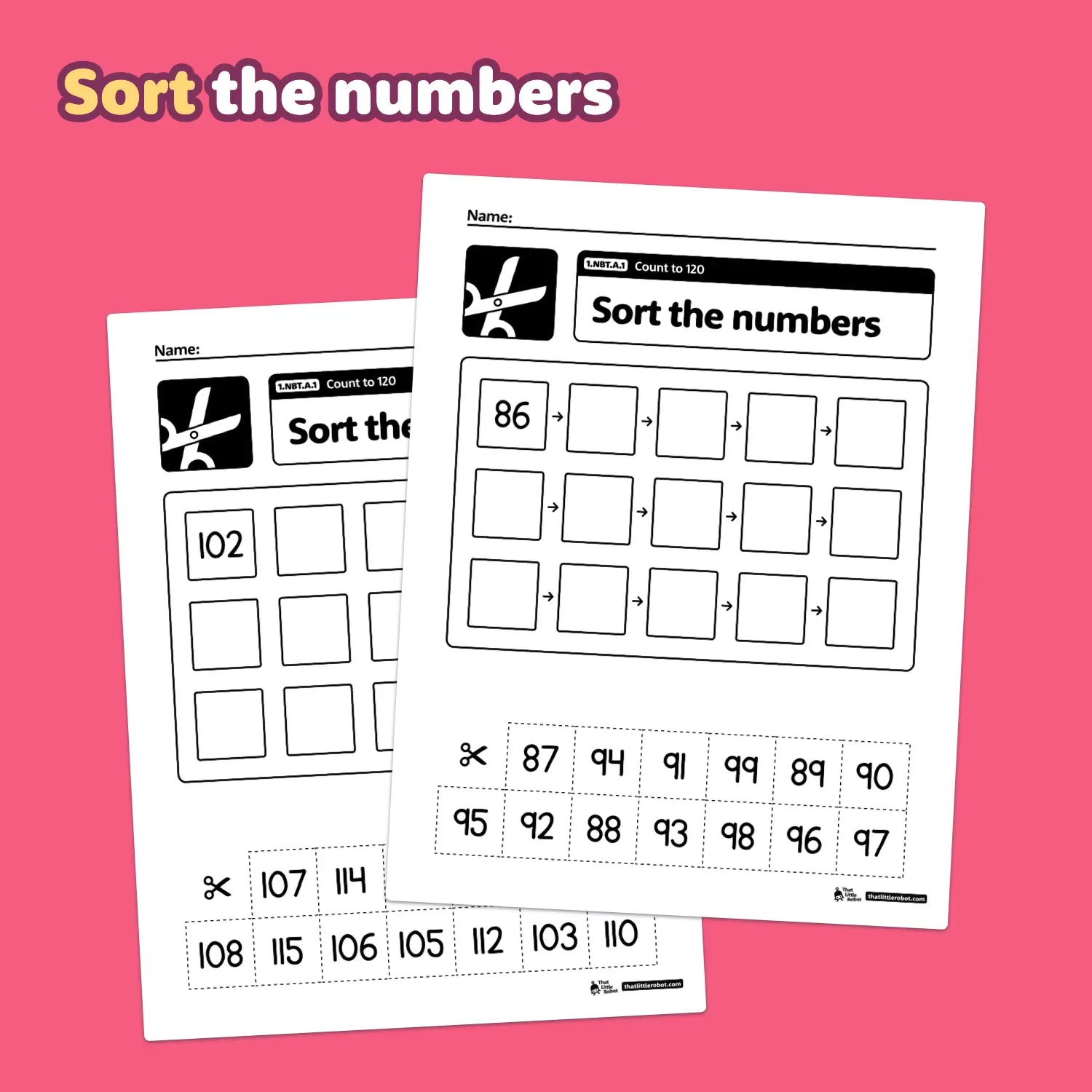 Number sorting worksheets for counting to 120, aligned with 1.NBT.A.1.