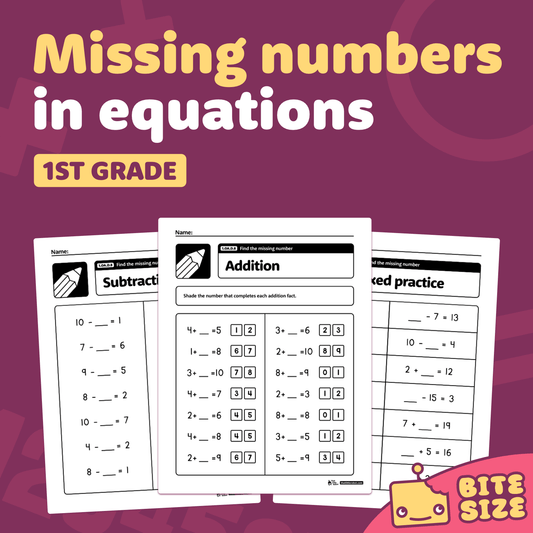 Worksheets for 1st Grade Missing Numbers in Equations, standard 1.OA.D.8.