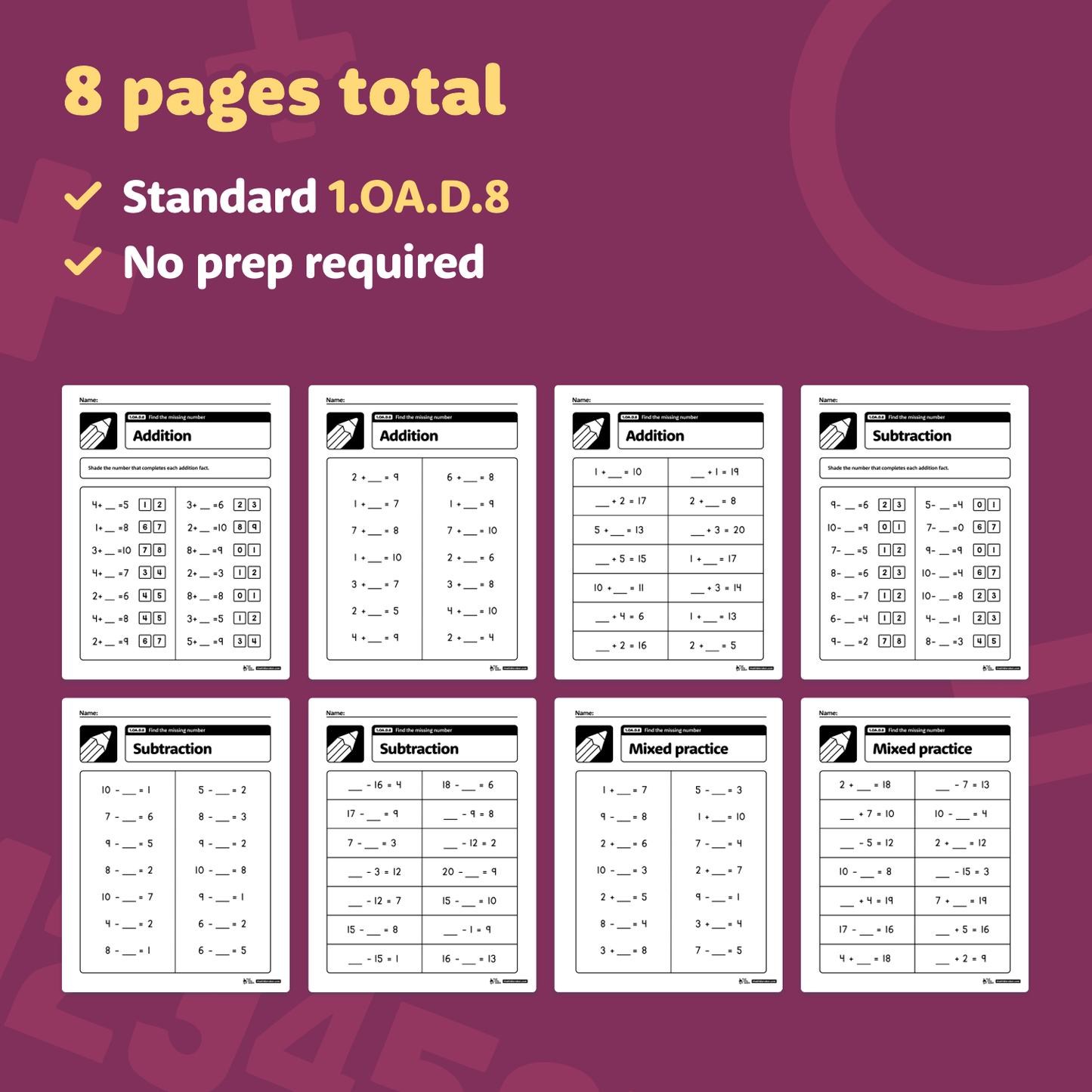 Eight math worksheets titled "Missing Numbers in Equations.