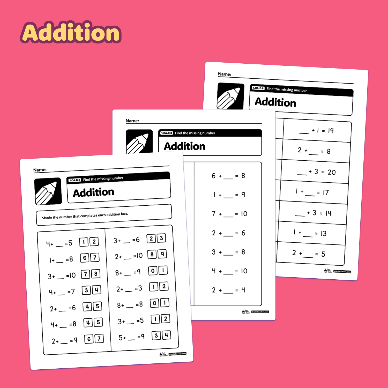 Three worksheets with equations missing three numbers.