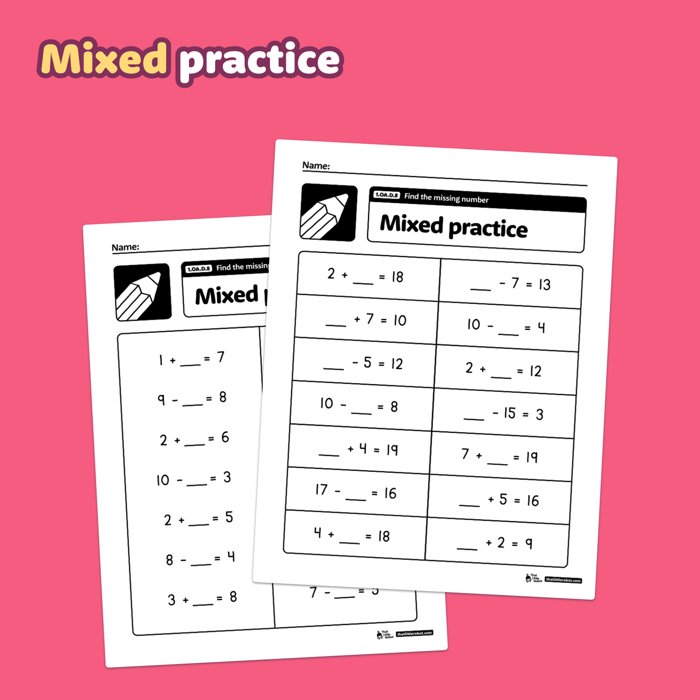 Two math worksheets titled "Missing Numbers in Equations.