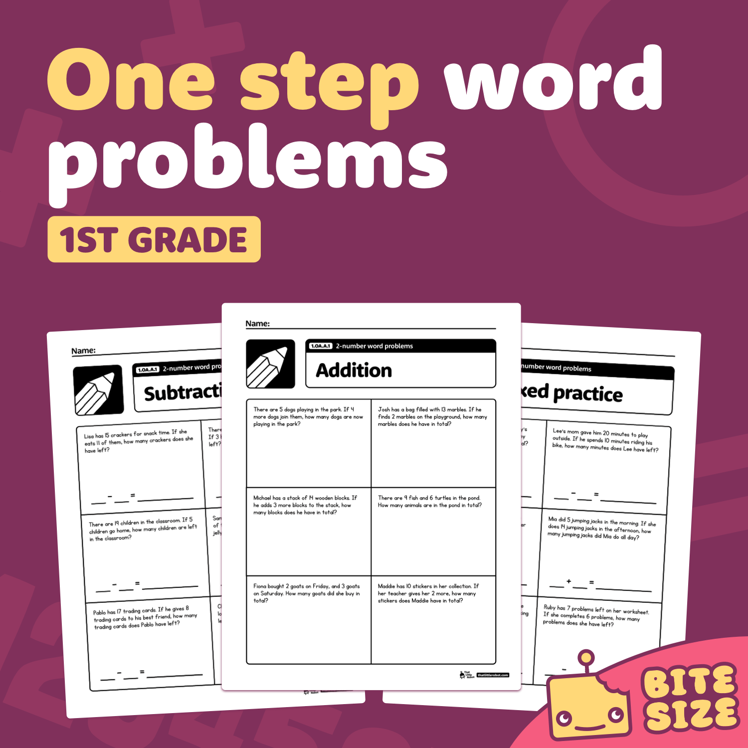 1st Grade One-Step Word Problems Worksheets, 1.OA.A.1 Math Practice.