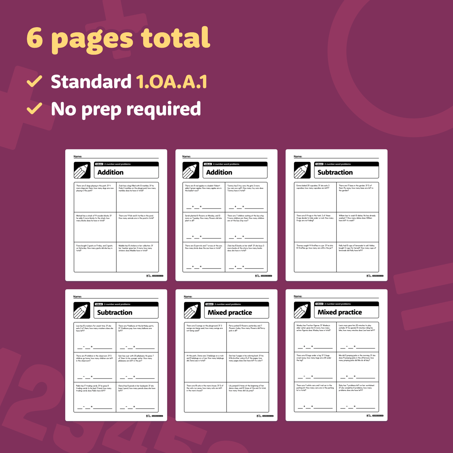 One-step word problems worksheets, addition and subtraction, 6 pages.