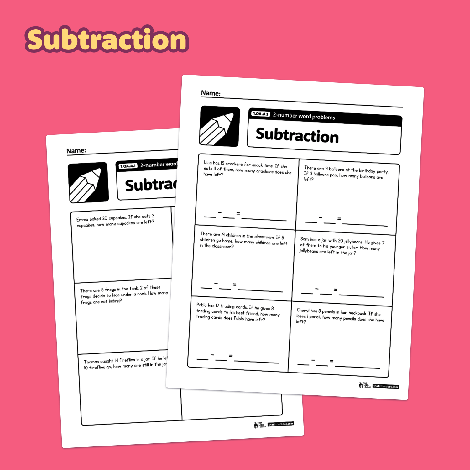 Two worksheets titled 1.OA.A.1 with math problems and exercises.