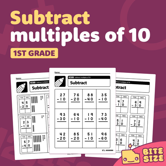 1st-grade worksheets on subtracting multiples of 10 with Bite Size logo.