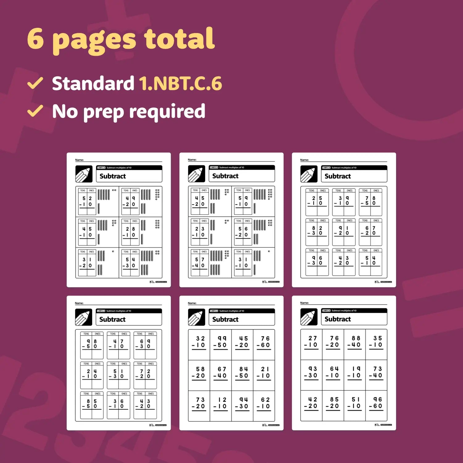 6 prep-free worksheets, 1.NBT.C.6 standard, subtract multiples of 10.