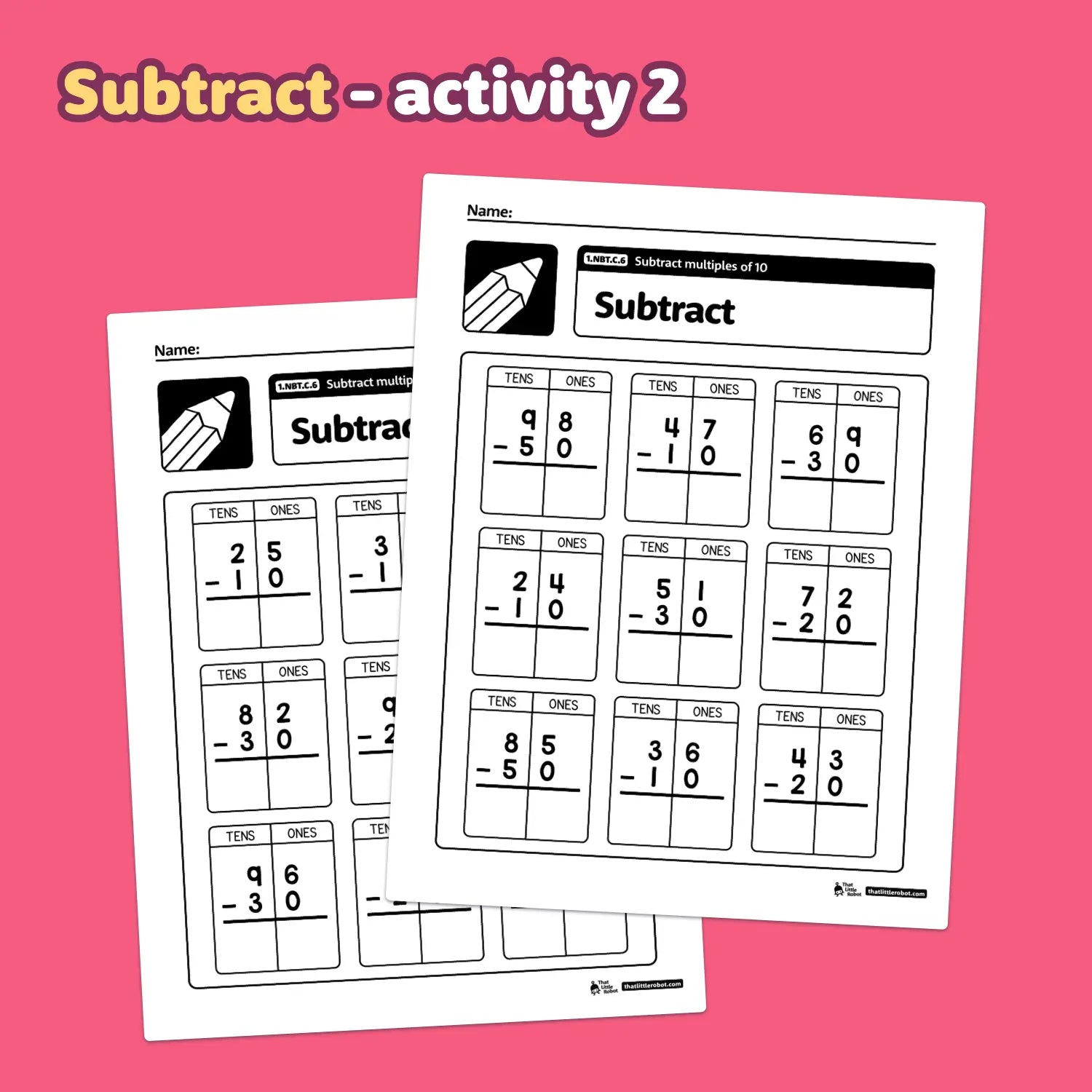 Two printable worksheets for subtracting multiples of 10.