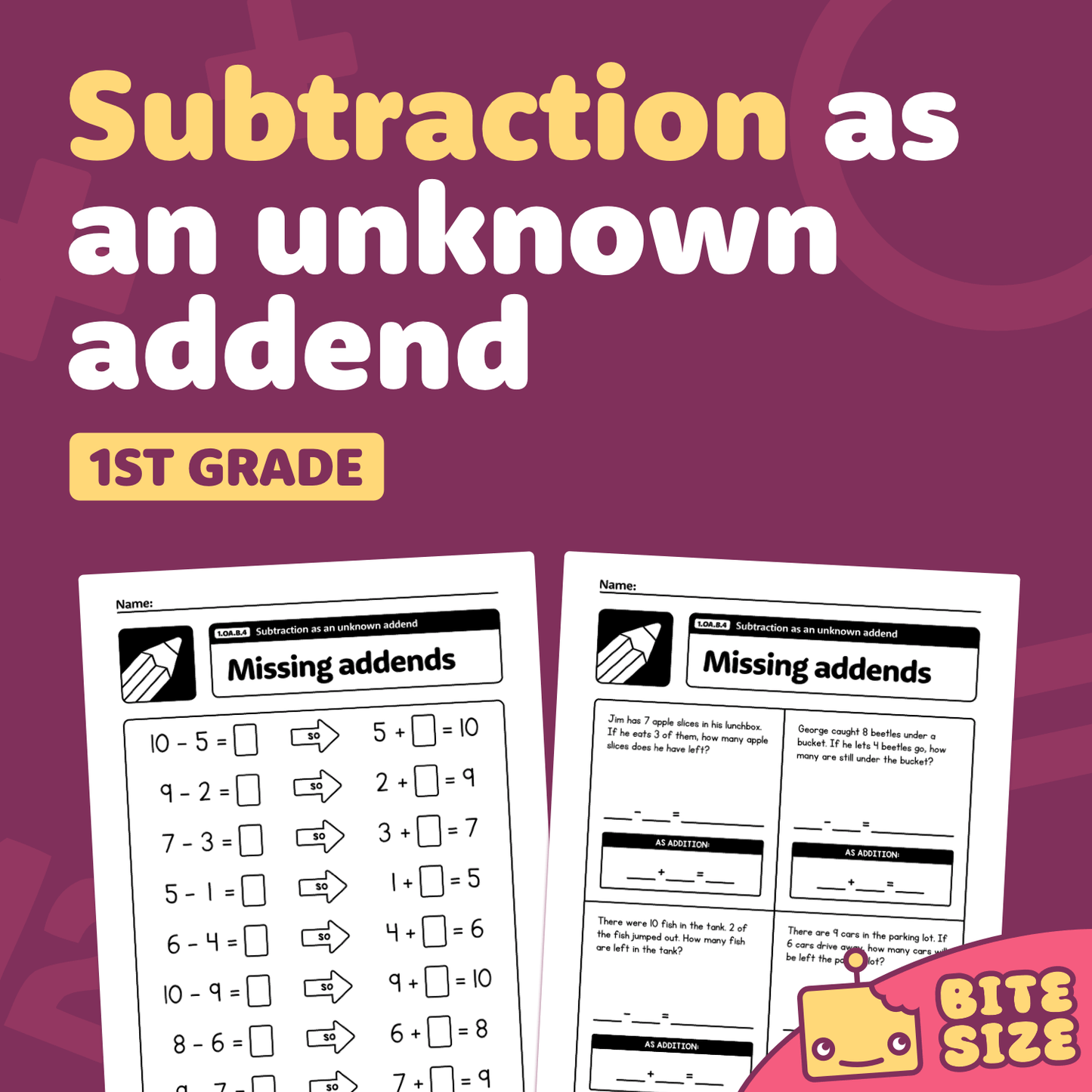 1st Grade Math Worksheet: Subtraction and Unknown Addends.