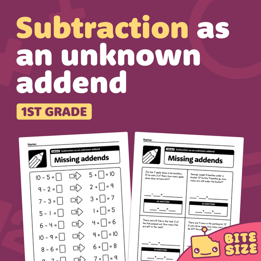 1st Grade Math Worksheet: Subtraction and Unknown Addends.