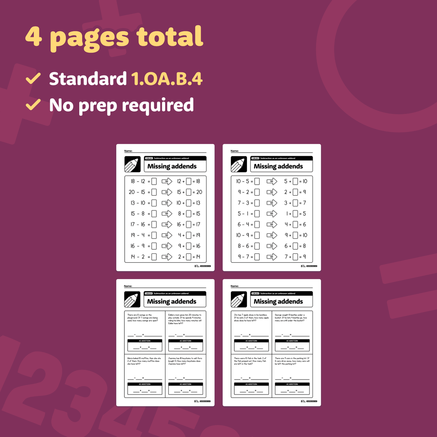 Four subtraction worksheets using unknown addends labeled 1.OA.B.4.