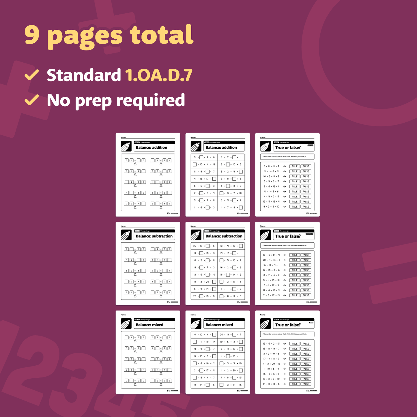 The Equal Sign Worksheets | 1.OA.D.7