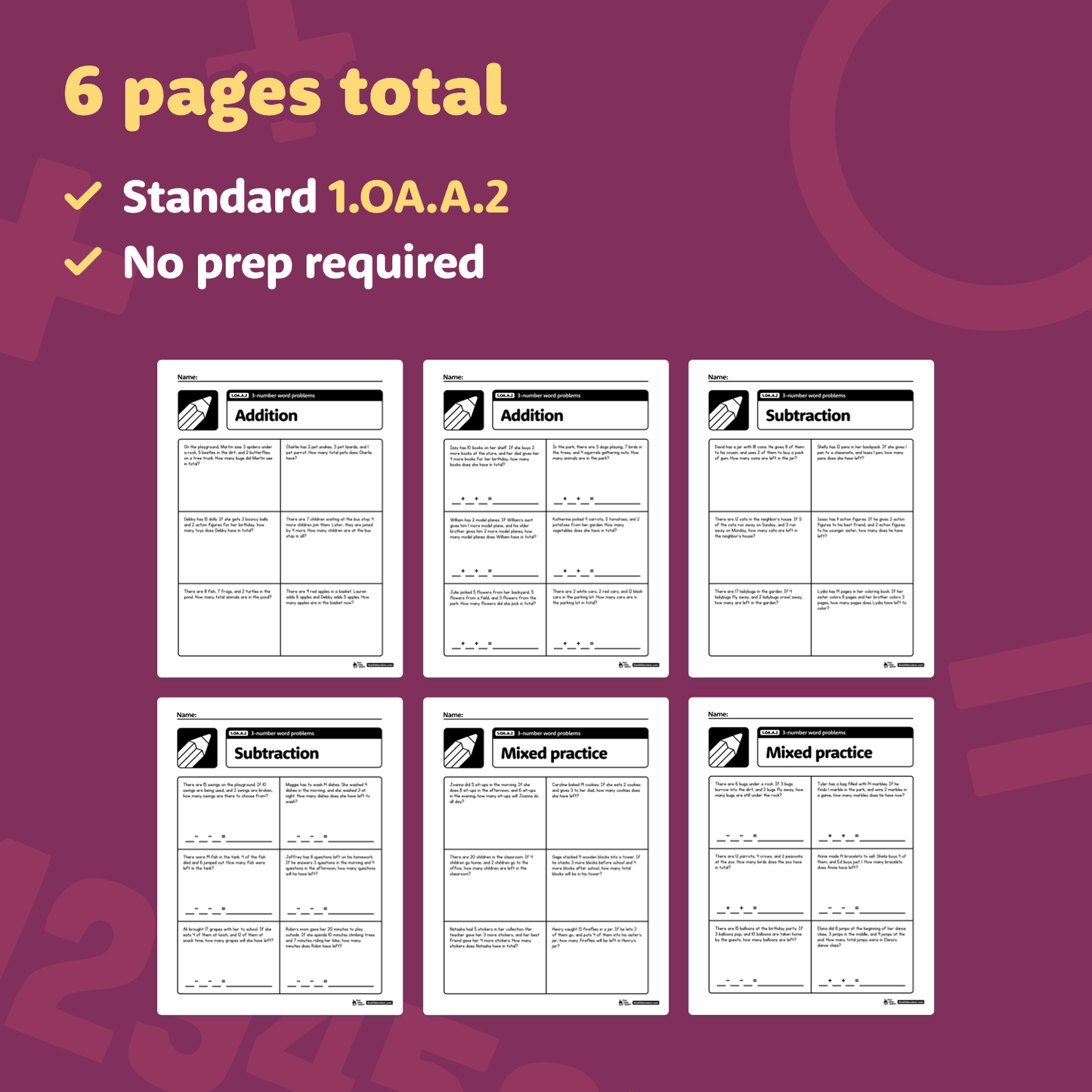 Two Step Word Problems Worksheets | 1.OA.A.2