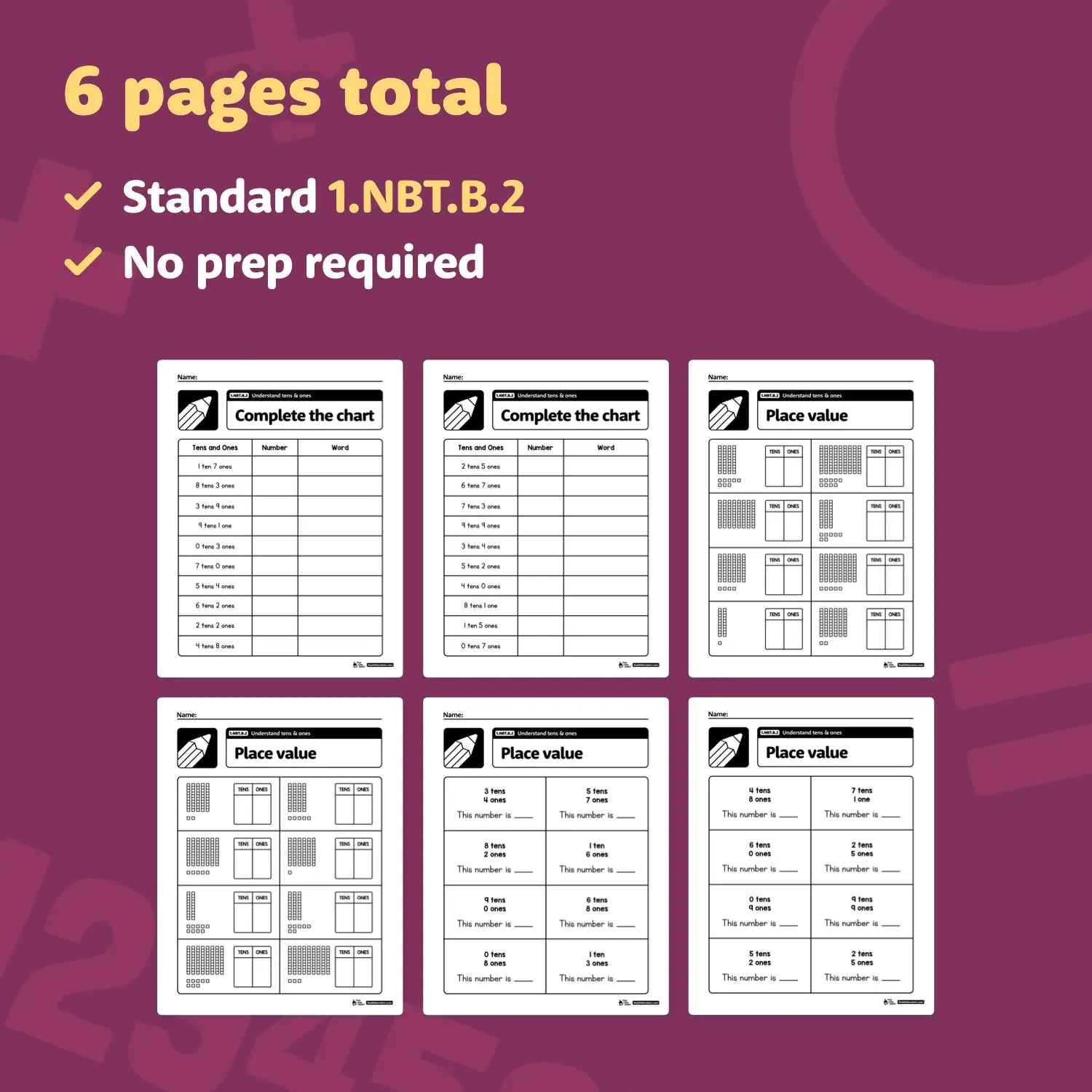 Six pages of worksheets on tens and ones, aligned with 1.NBT.B.2.