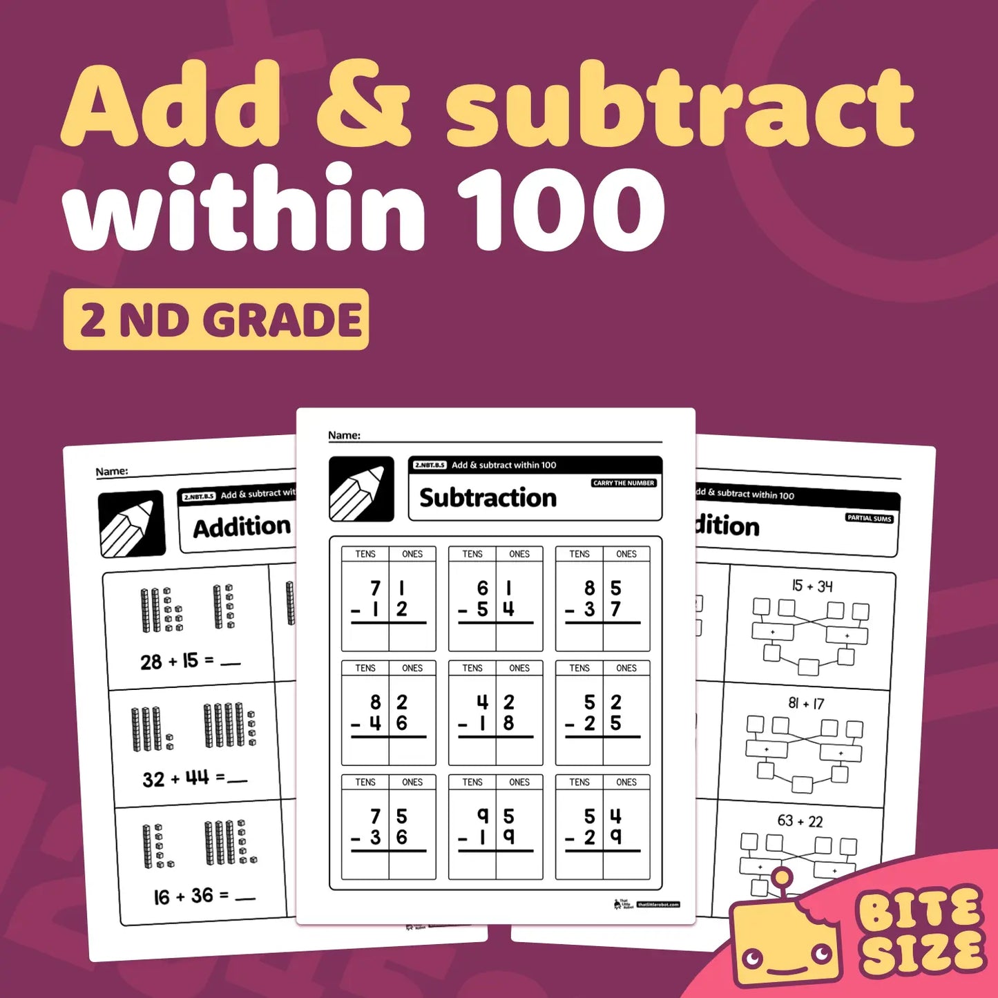 Add & Subtract Within 100 Worksheets | 2.NBT.B.5