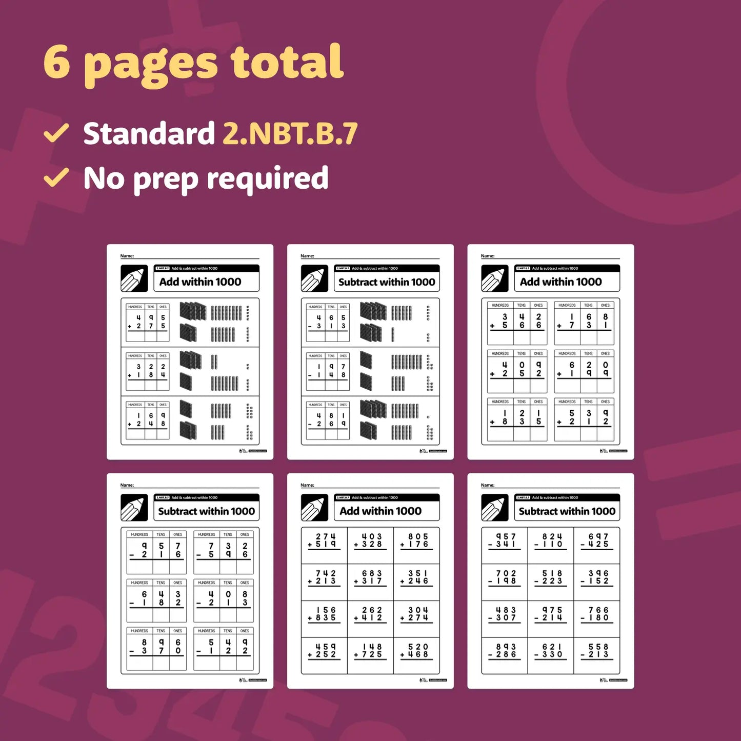 Add & Subtract Within 1000 Worksheets | 2.NBT.B.7