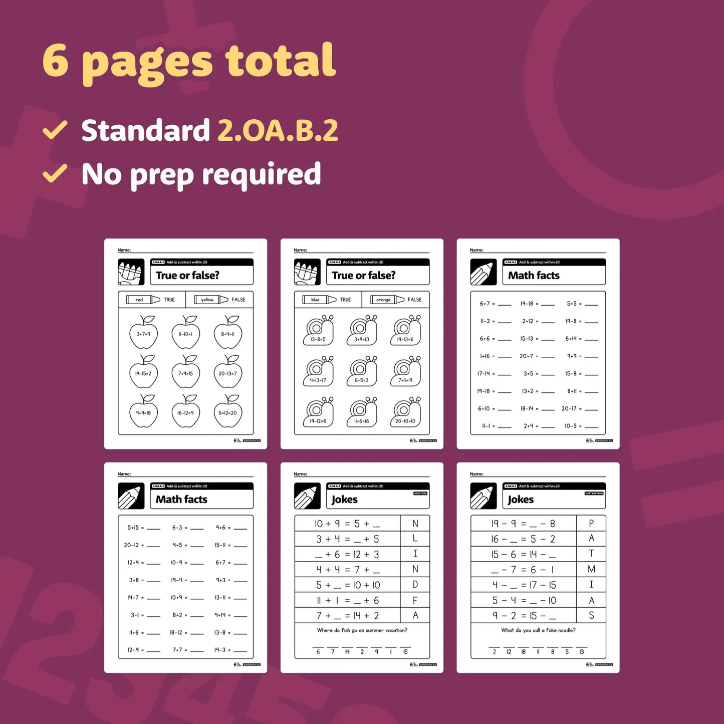 Add & Subtract Within 20 Worksheets | 2.OA.B.2