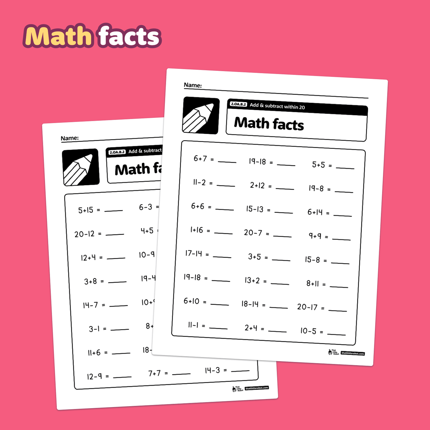 Add & Subtract Within 20 Worksheets | 2.OA.B.2