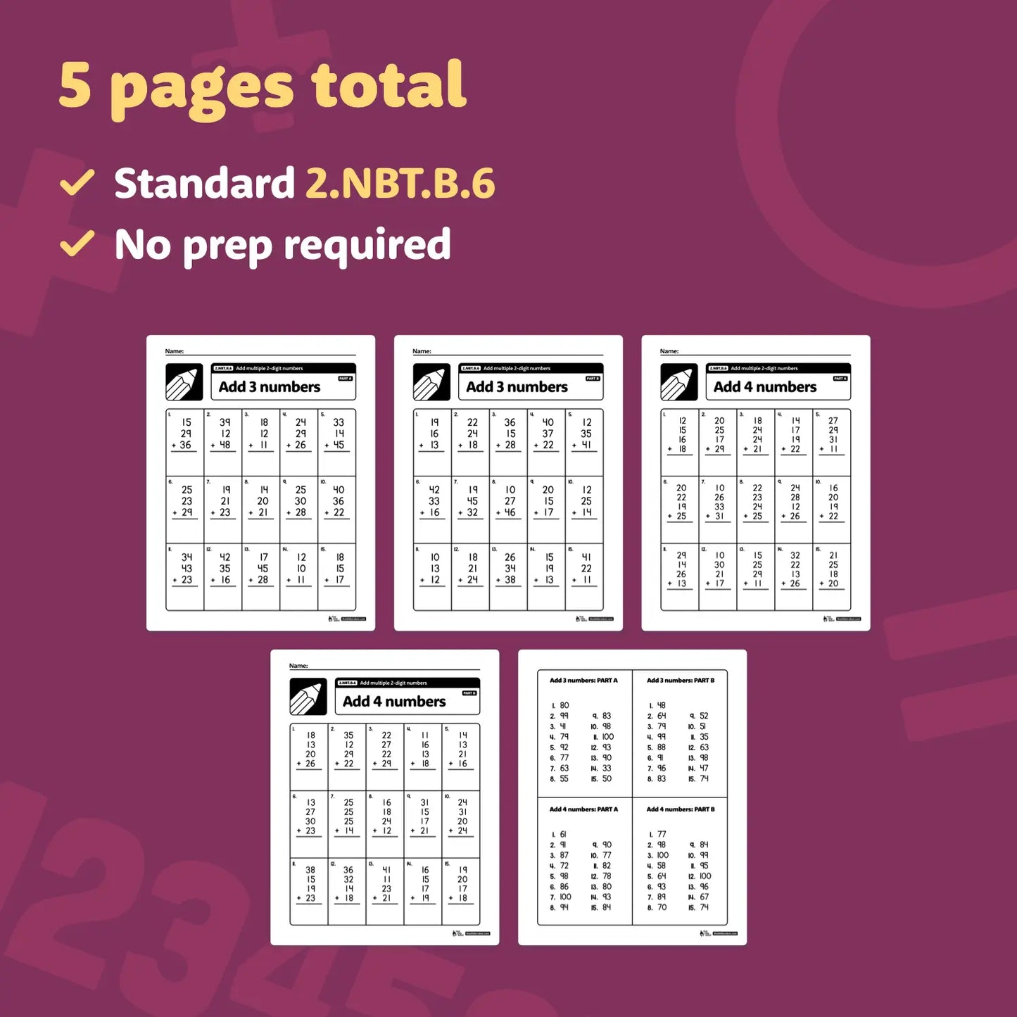 Add Multiple 2-Digit Number Worksheets | 2.NBT.B.6