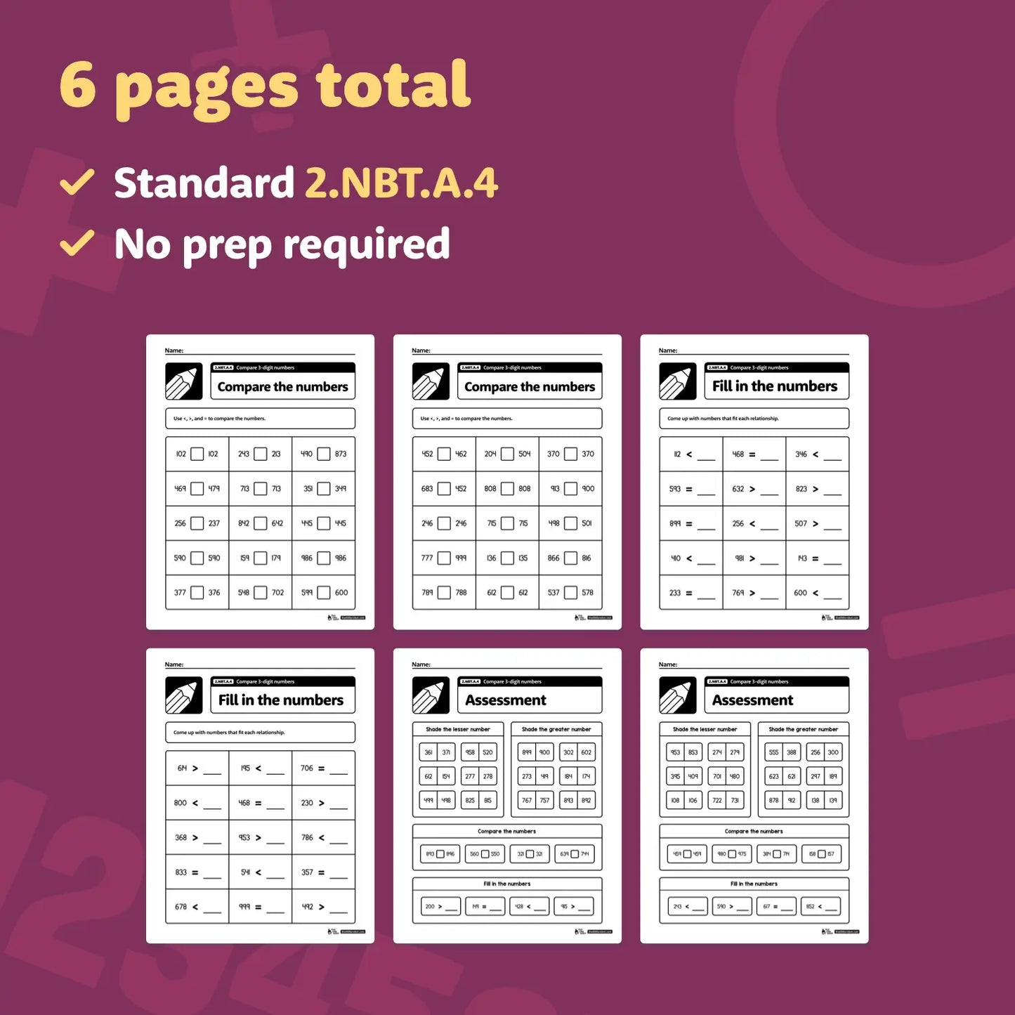 Compare 3-Digit Numbers Worksheets | 2.NBT.A.4