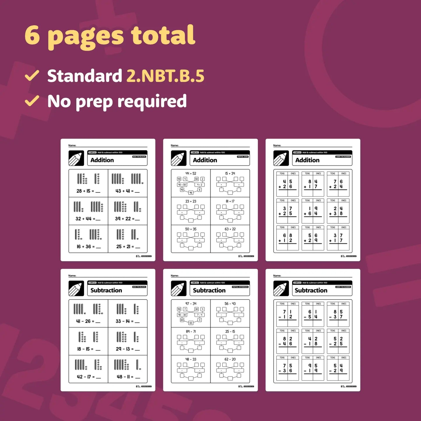 Add & Subtract Within 100 Worksheets | 2.NBT.B.5