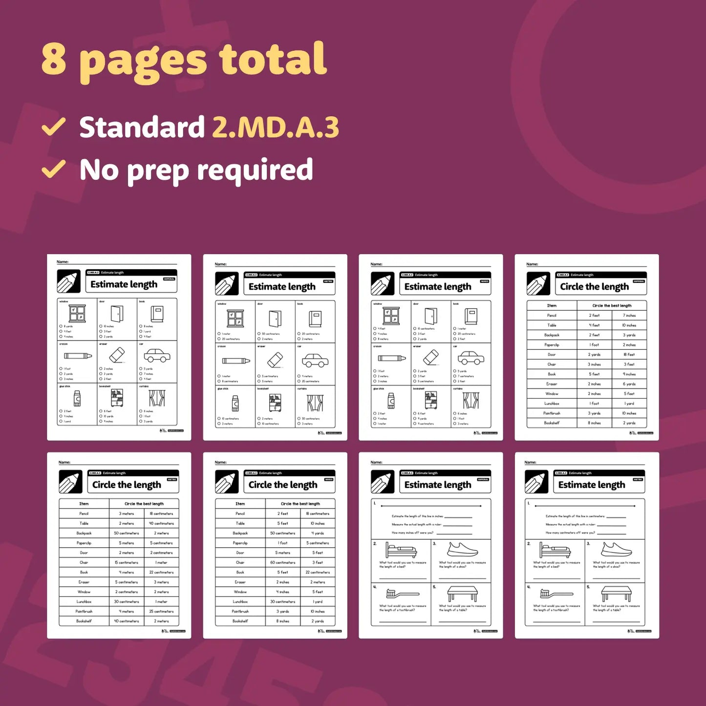 Estimate Length Worksheets | 2.MD.A.3