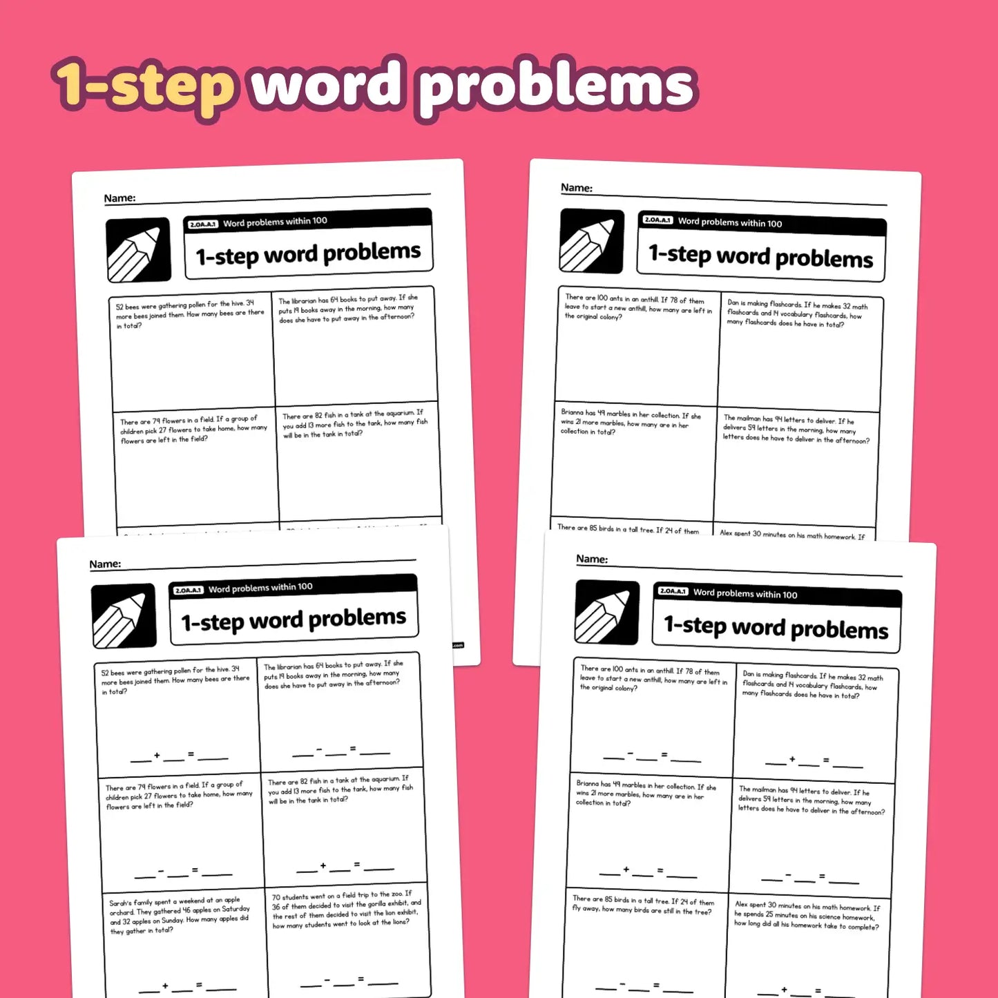 Word Problems Within 100 Worksheets | 2.OA.A.1