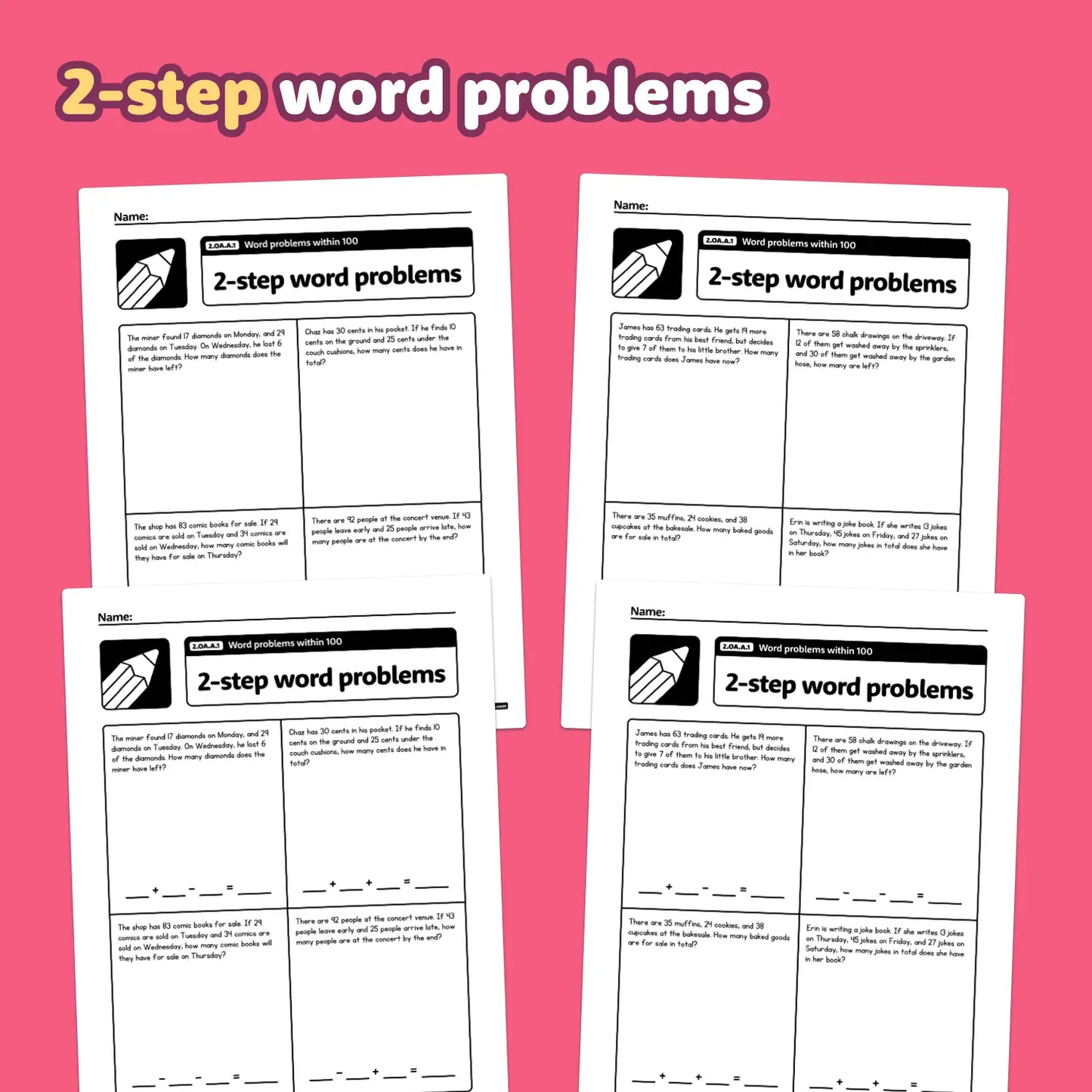 Word Problems Within 100 Worksheets | 2.OA.A.1