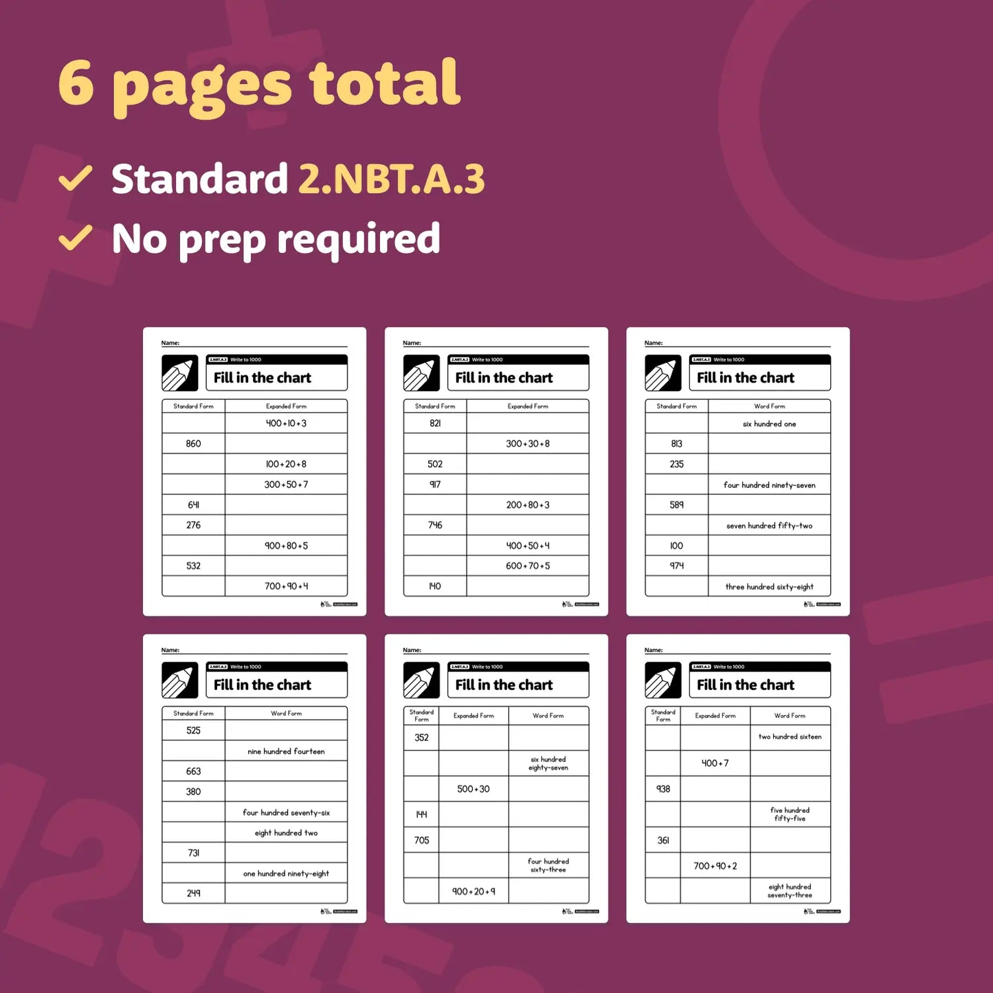 Write to 1000 Worksheets | 2.NBT.A.3