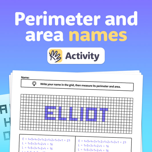 A worksheet showing a grid for measuring perimeter and area with the name Elliot.