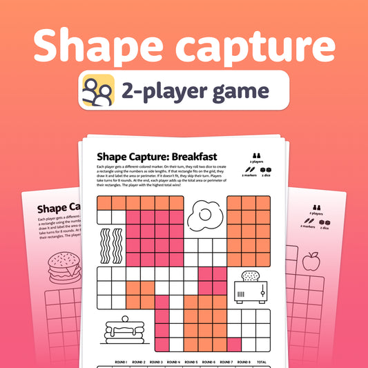 Printable grid puzzle with breakfast items and geometric shapes.