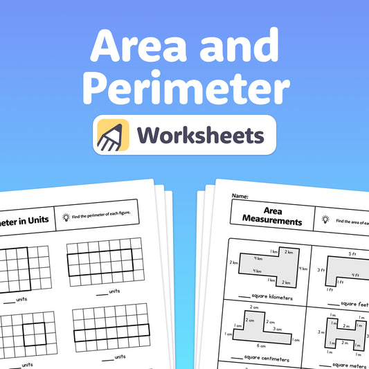 Worksheets showing grids with area and perimeter measurements labeled.