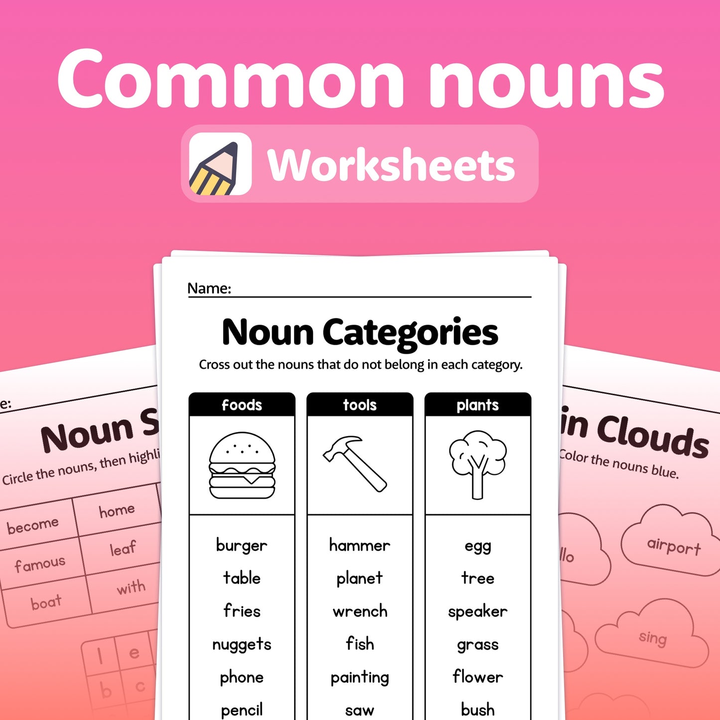 Kindergarten & 1st grade common nouns worksheets