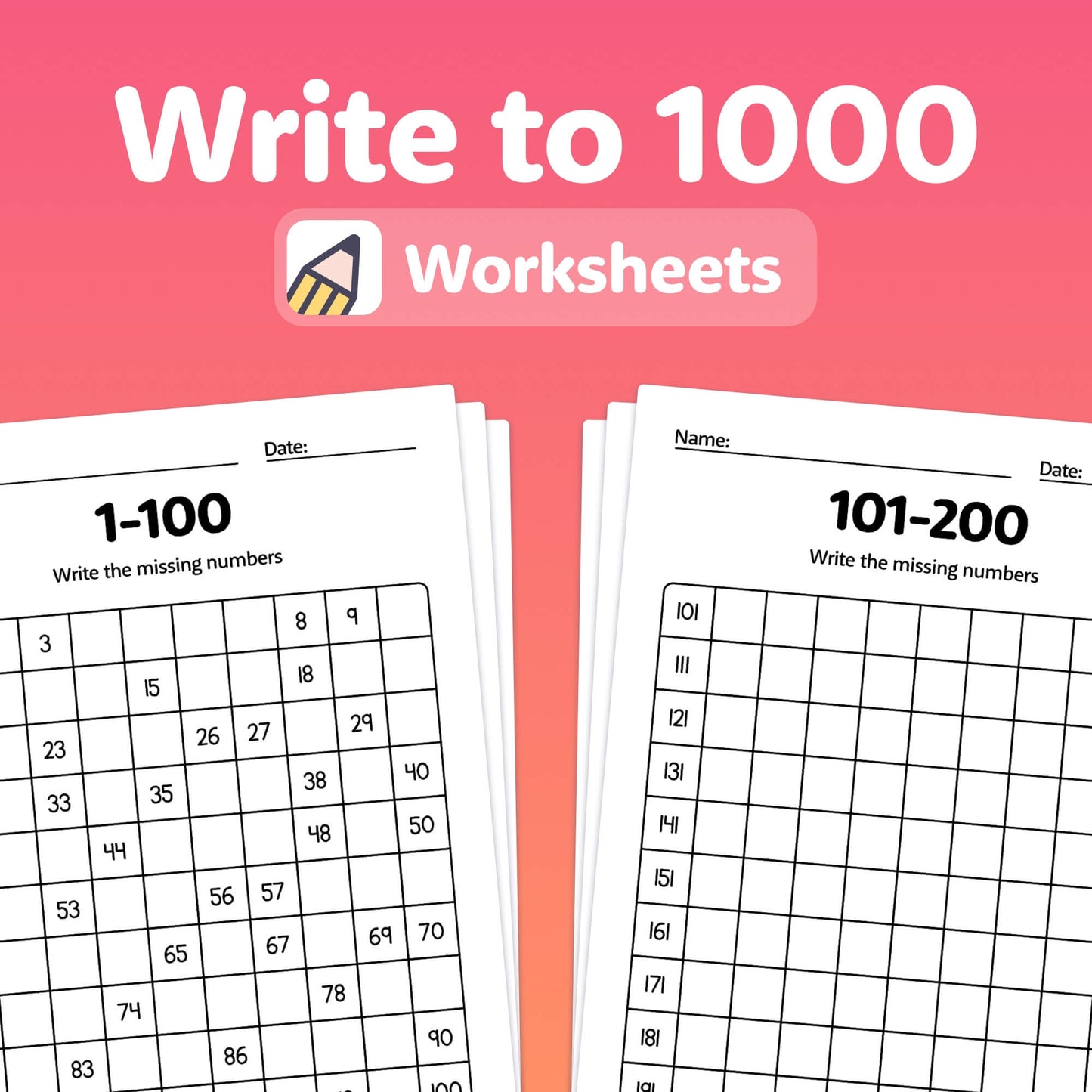 Math worksheets with exercises for writing numbers from 1-100 and 101-200.