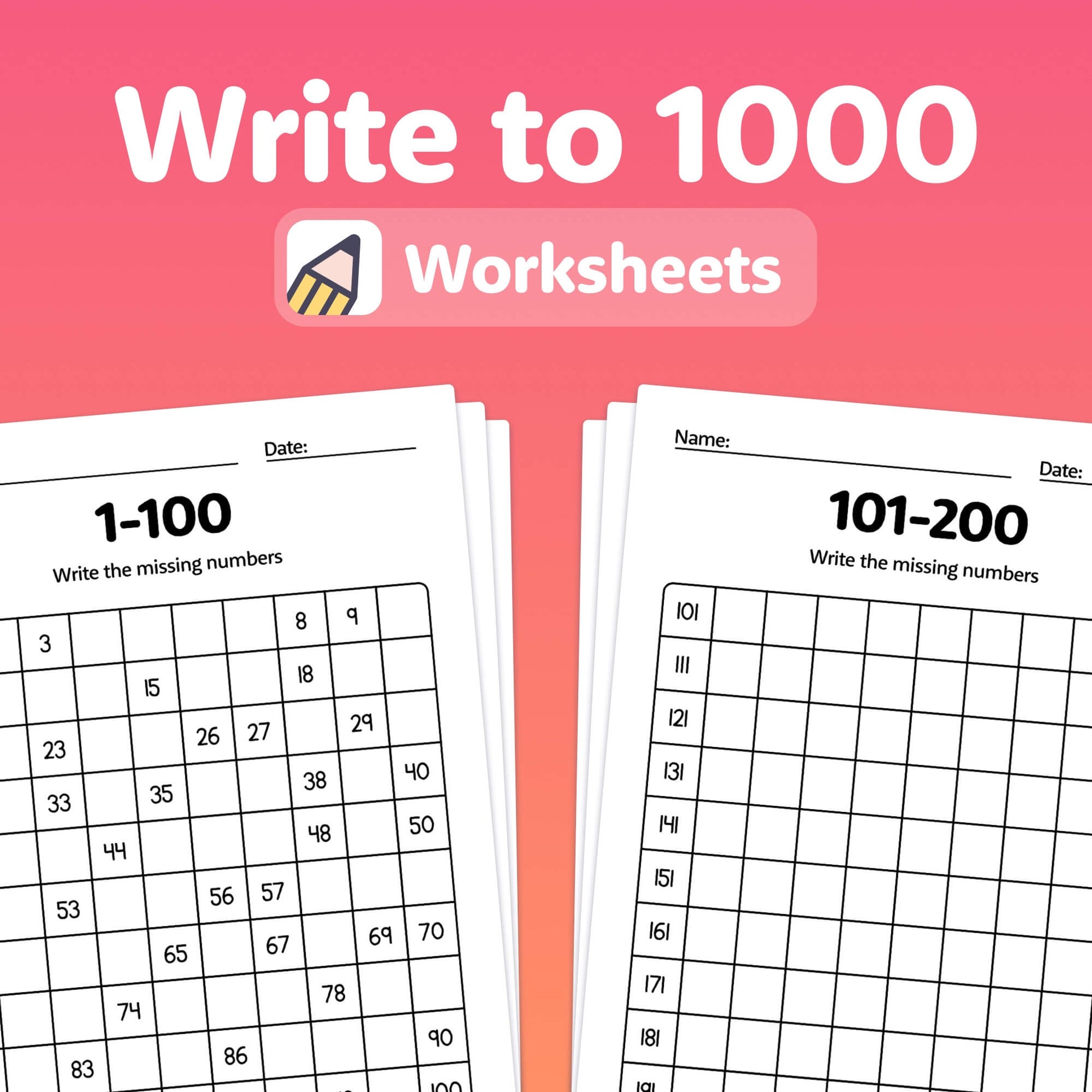 Math worksheets with exercises for writing numbers from 1-100 and 101-200.