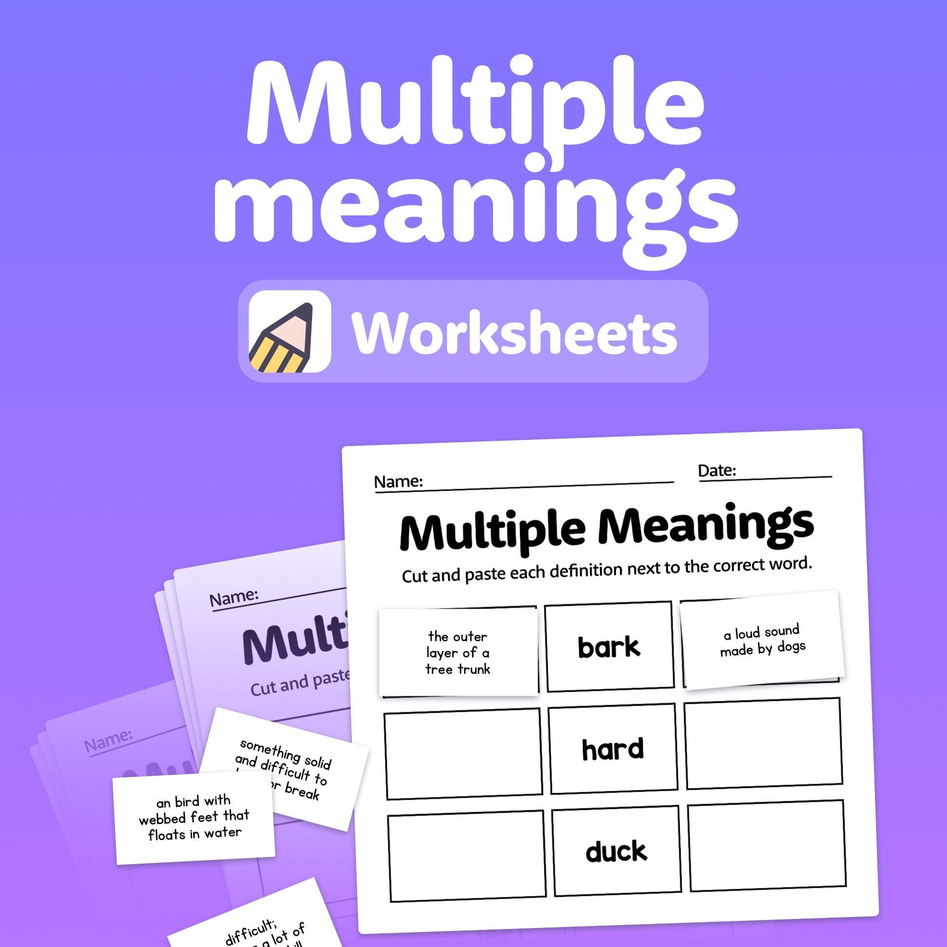 Worksheets with examples of words like "bark" and "duck" showing multiple meanings.