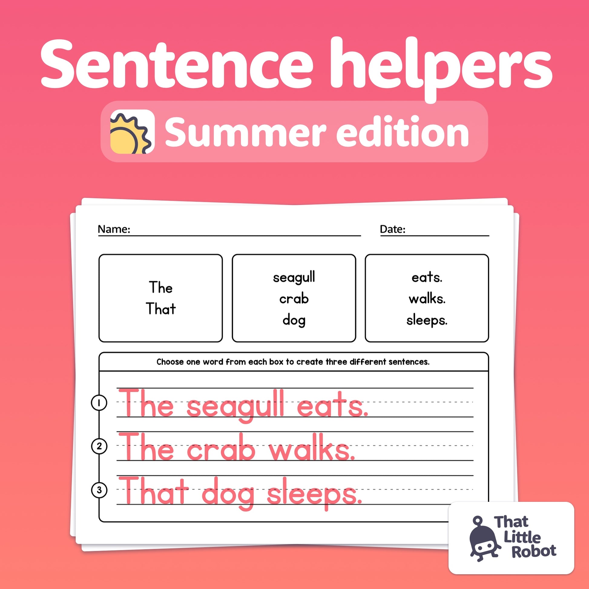 Worksheets with word choices for forming sentences.