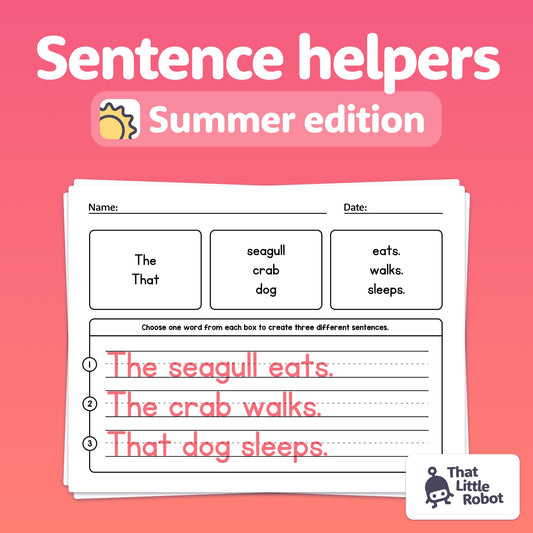 Worksheets with word choices for forming sentences.