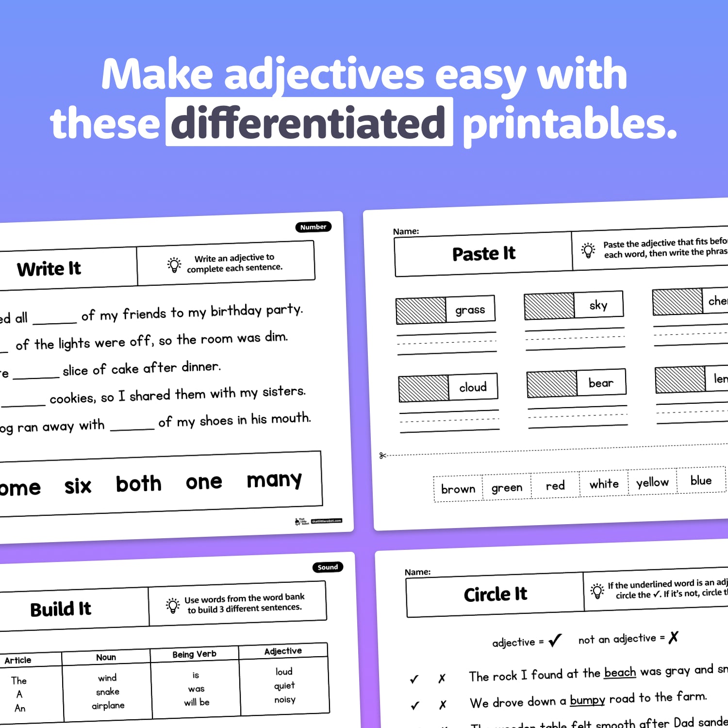 Printable worksheets with fill-in-the-blank and vocabulary exercises.