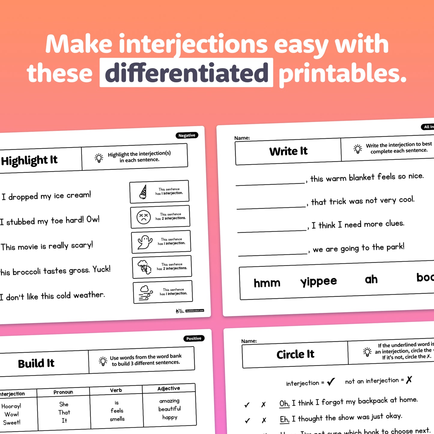 Worksheets with interjection exercises and practice activities are shown.