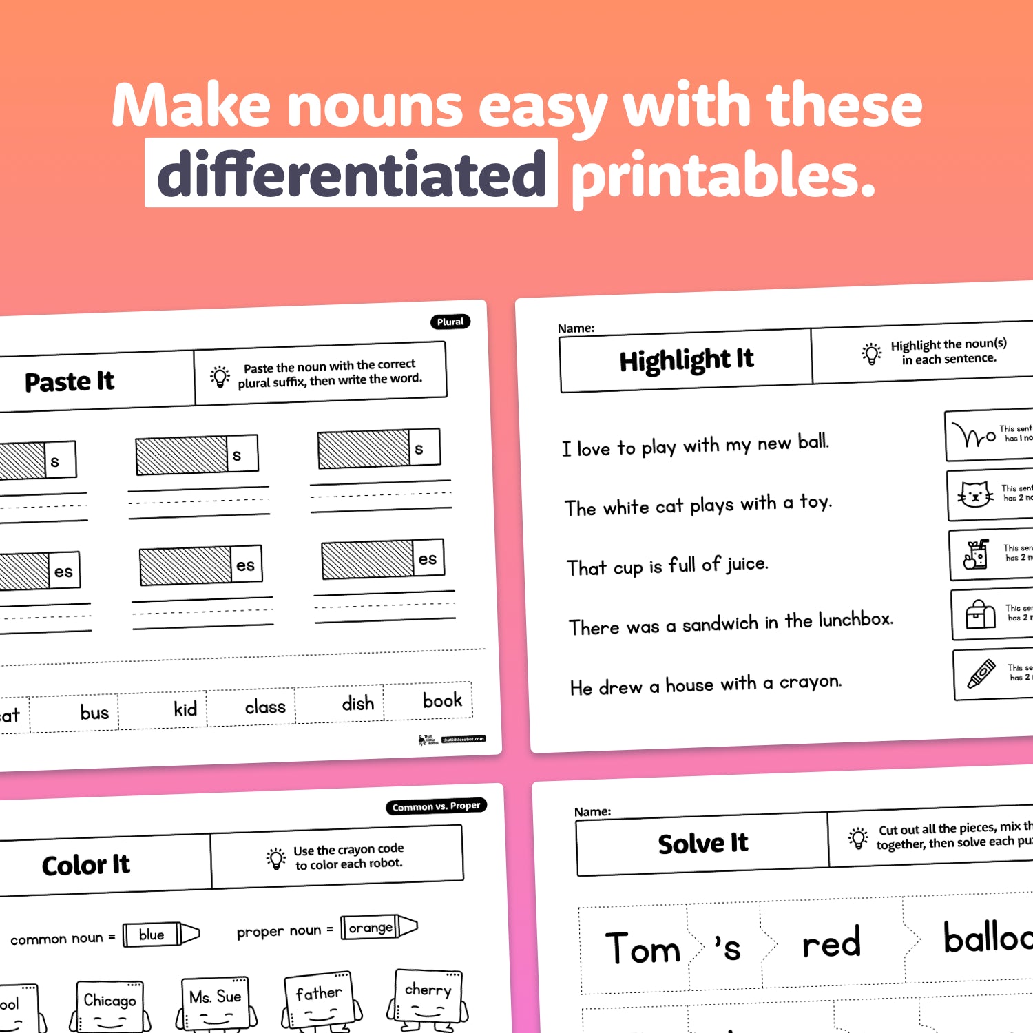 Differentiated printables for teaching nouns with various activities on a pink background.