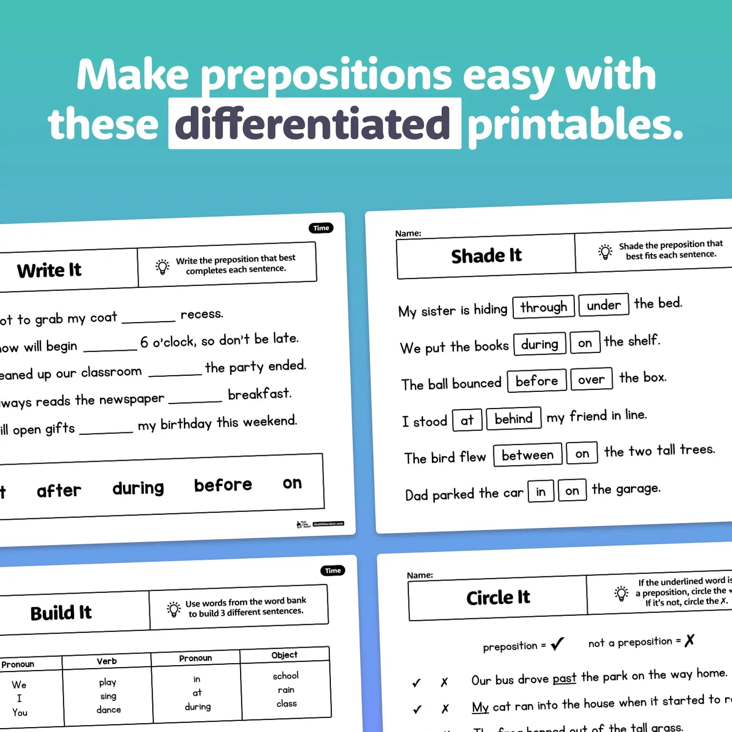 Printable worksheets with fill-in-the-blank questions on prepositions.