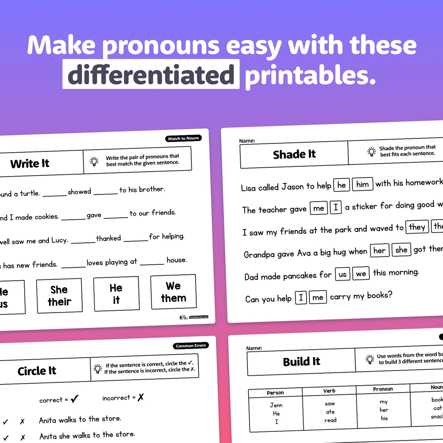 Differentiated pronoun printables with various exercises on a purple background