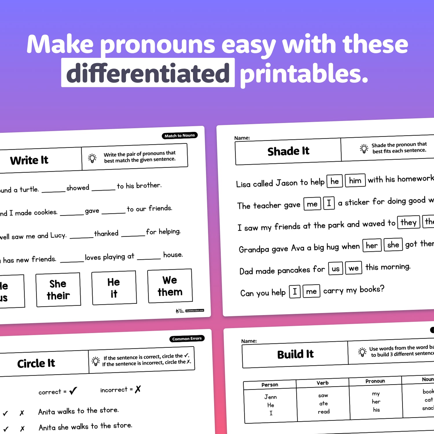Differentiated pronoun printables with various exercises on a purple background