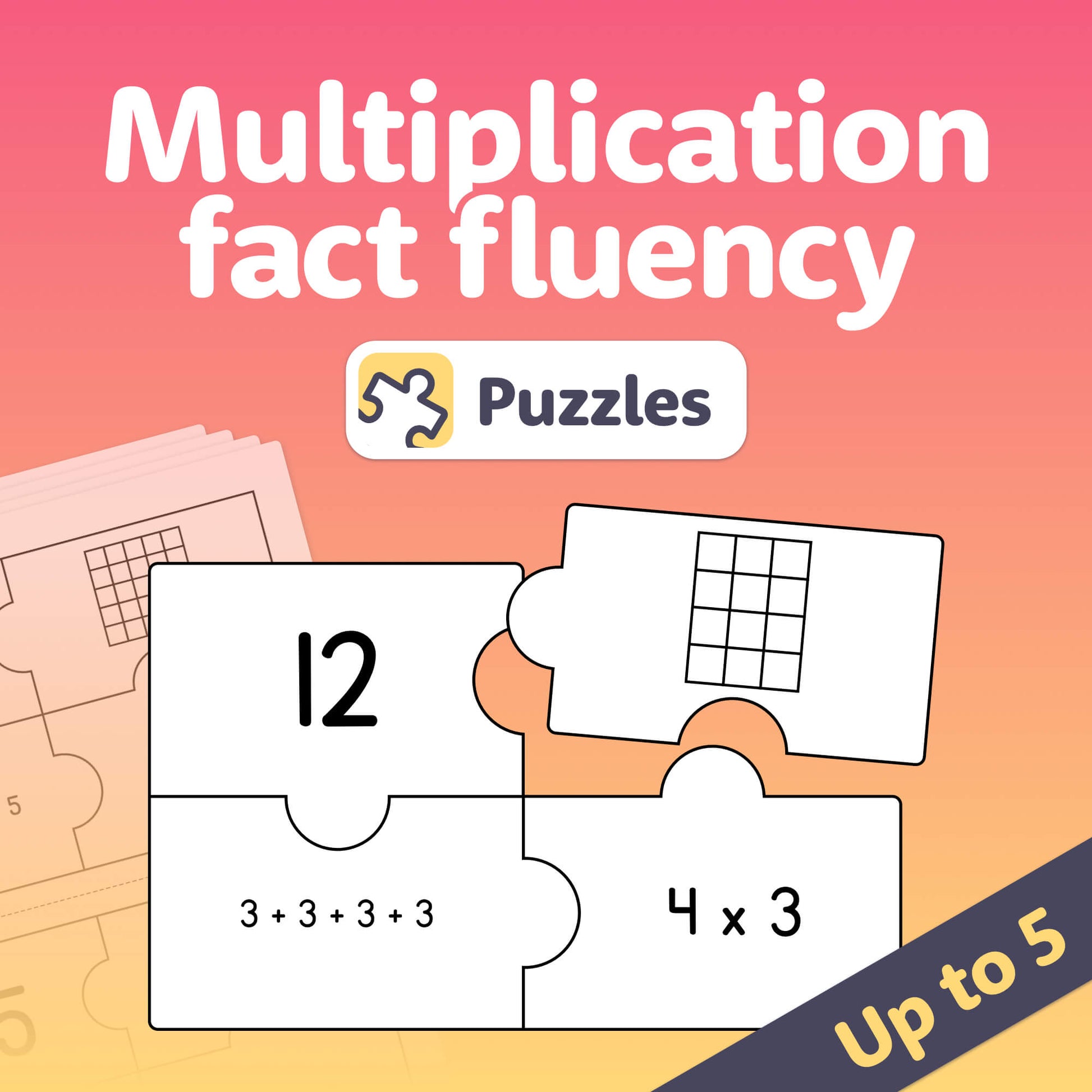 Multiplication Fact Fluency Puzzles on a gradient background.