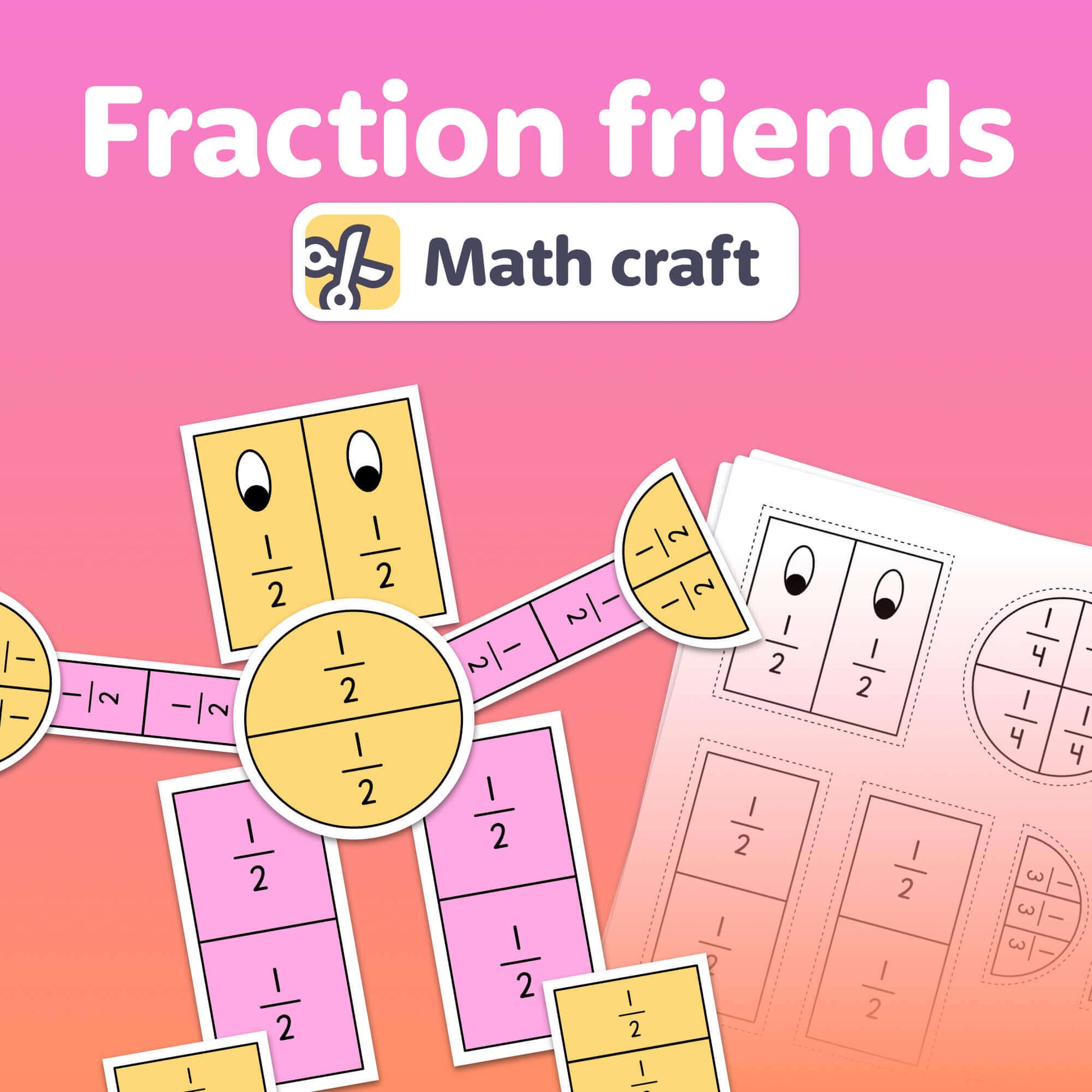 Fraction math craft with shapes on a worksheet.