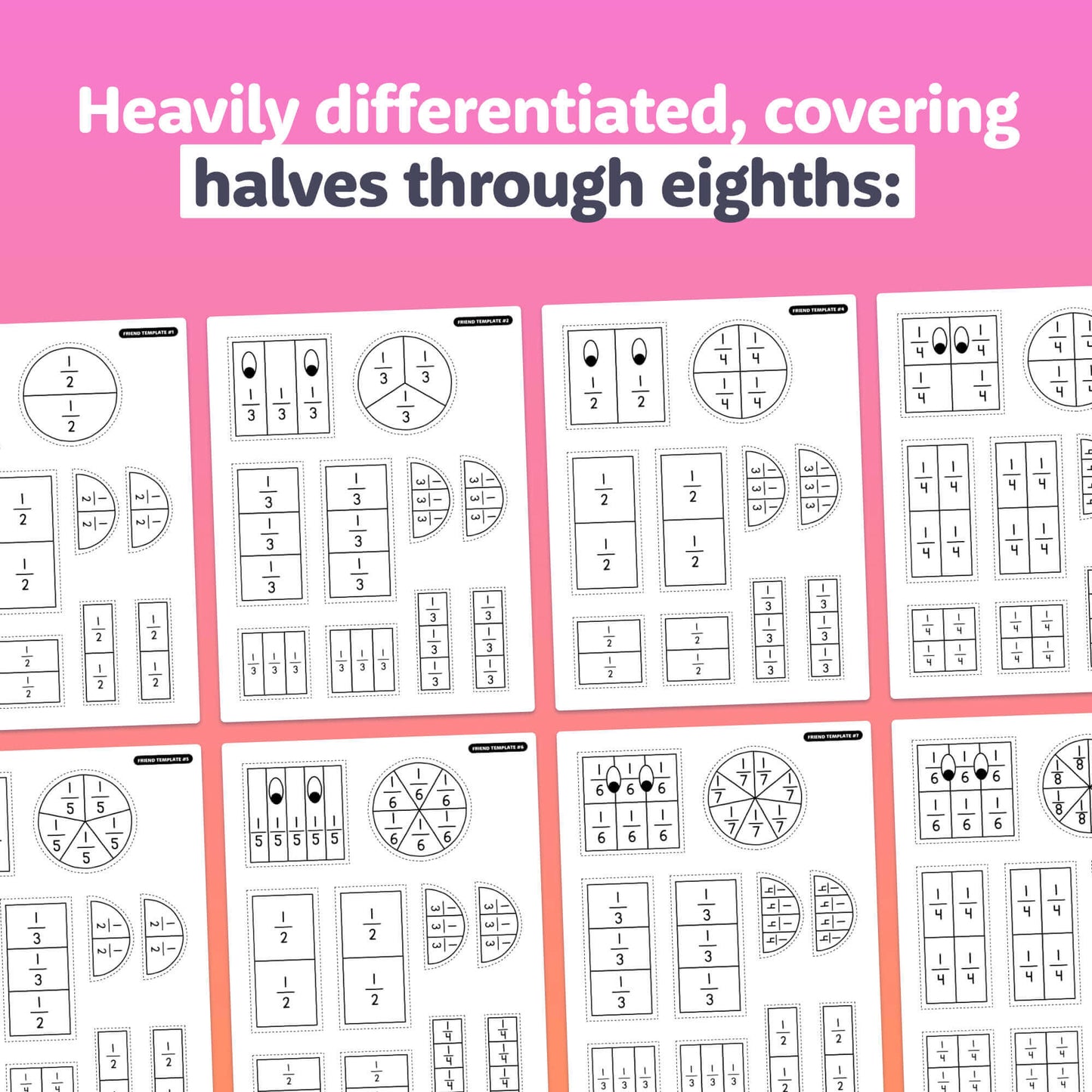 Fraction worksheets for halves to eighths with a math craft design.