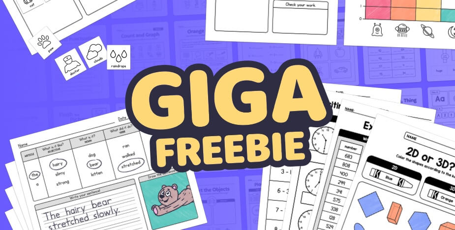 The text 'GIGA FREEBIE' overlaid atop a variety of early elementary worksheets and printable activities