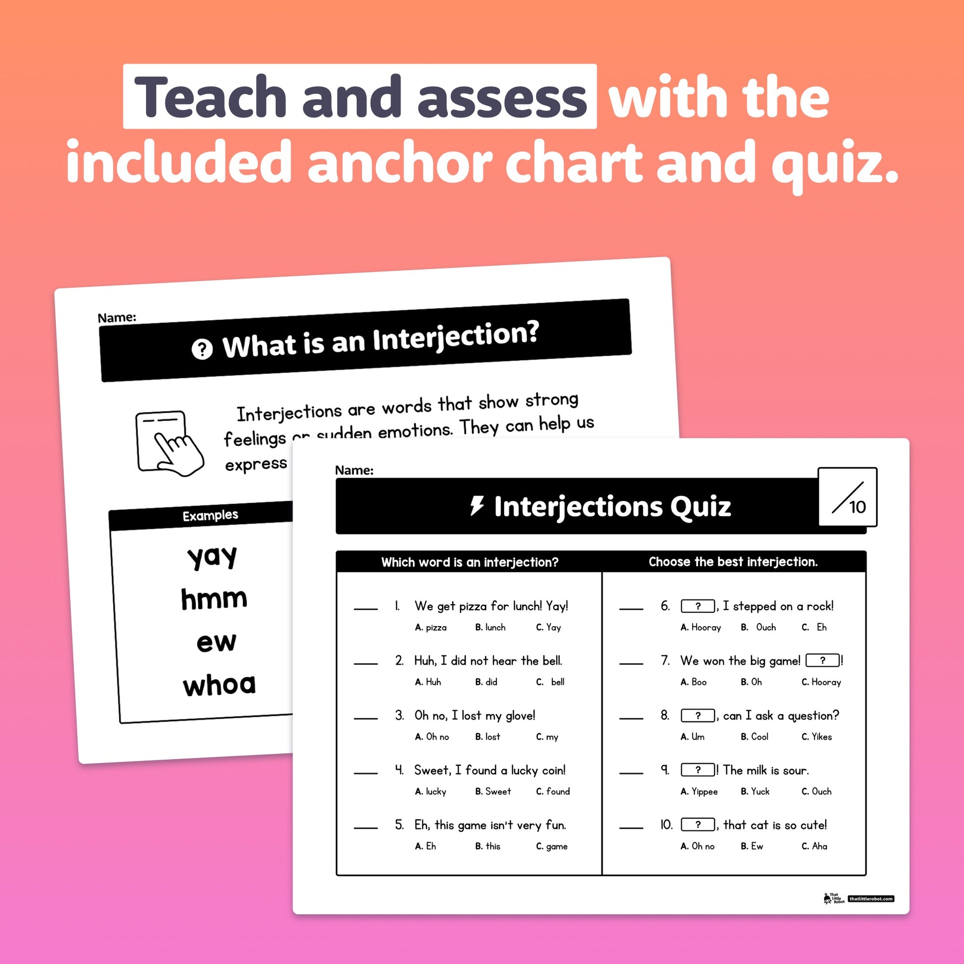 PDF worksheets include activities and exercises about interjections.
